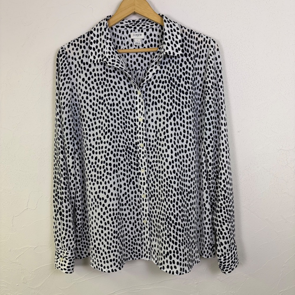 J Crew Polka Dot Button Down Blouse Women L White Black Animal Print Workwear